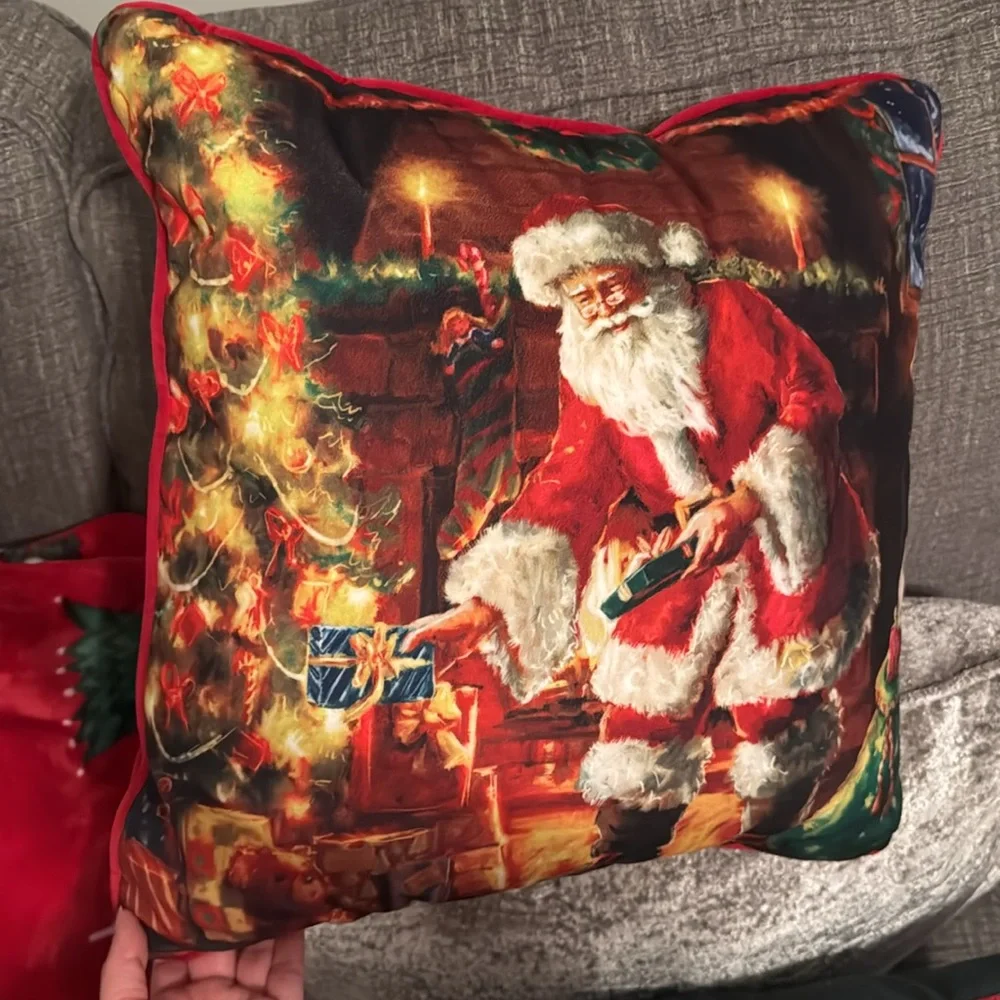 Santa Claus Gifts Under Tree Christmas Holiday Throw 16x16” Pillow Home Decor